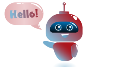 Ein kleiner Roboter mit einer Sprechblase in der Hello steht