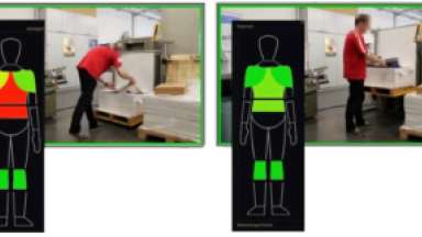 Das Bild zeigt einen Screenshot aus einem Video, in dem eine Ergonomieanalyse ausgewertet wird.
