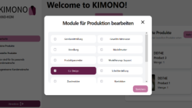 Frontend des Assistenzwerkzeugs aus Unternehmenssicht, Zuweisung Produktionsmodulen und Anwendungsbereiche sowie mit einer dialogbasierten Erfassung der Kunden-Basisdaten.