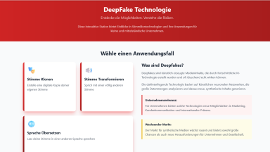 Screenshot des Demonstrators. Zu sehen sind neben der Beschreibung, drei Module "Stimme klonen", "Stimme transformieren" und "Sprache übersetzen"