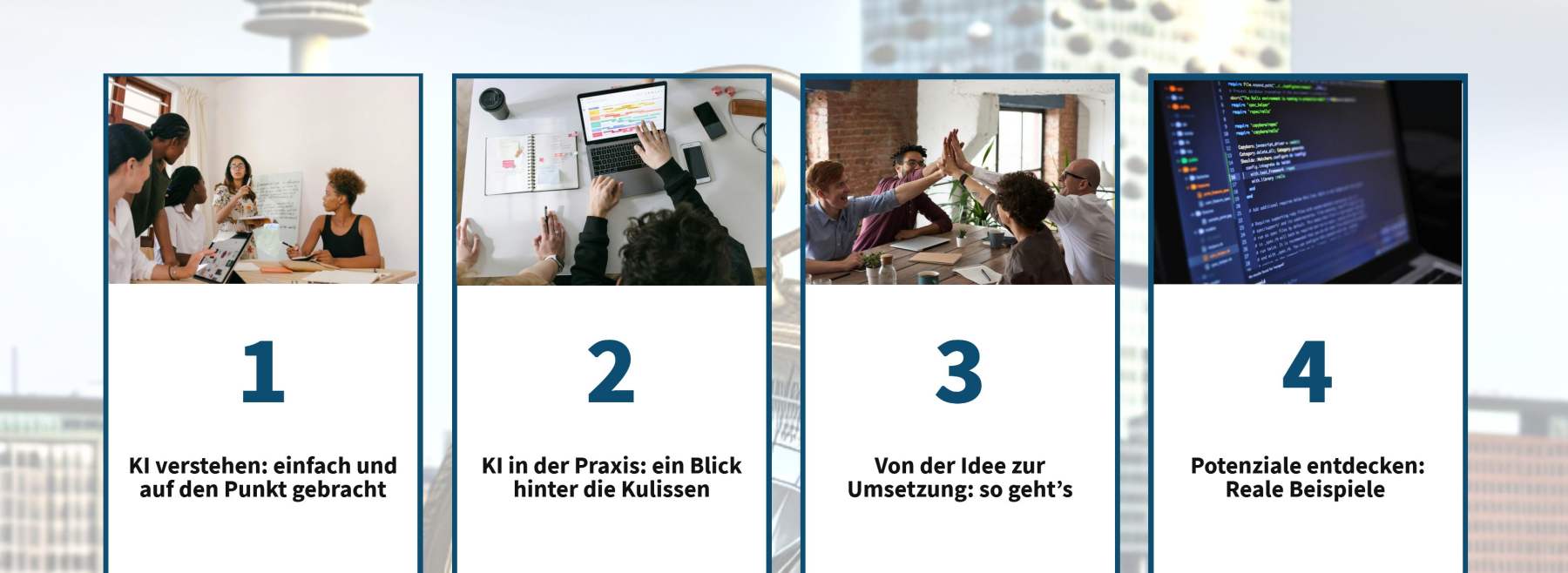 Das Bild zeigt eine deutschsprachige Lernplattform zum Thema KI. Oben befindet sich eine Navigationsleiste mit den Bereichen Einführung, Wissen, Umsetzung und Beispiele. Im Hauptbereich sind vier große Kacheln mit Bildern, Nummern und Modultiteln zu sehen – von einer einfachen KI-Einführung über Praxiswissen bis hin zu Umsetzung und realen Beispielen.