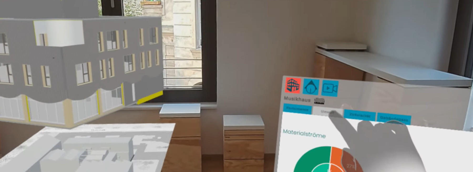 Die XR-Brille macht Informationen zu Planungsdaten und Baumaterialien in einer immersiven Umgebung sichtbar.