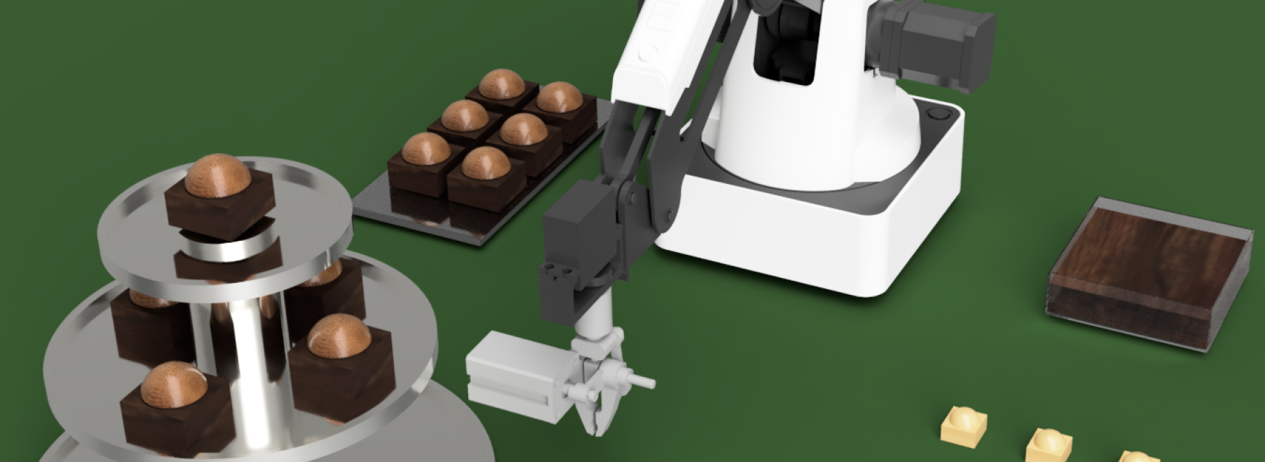 Roboter taucht Pralinen in Schokolade und platziert sie auf einer Etagere