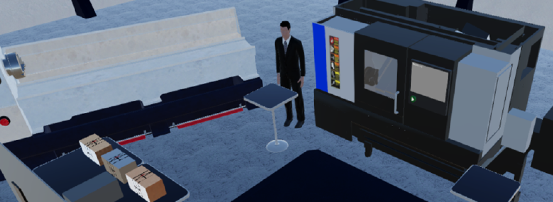 VR-Umgebung mit Materiallager, Fräsmaschine und Anzeige verschiedener Kostenszenarien