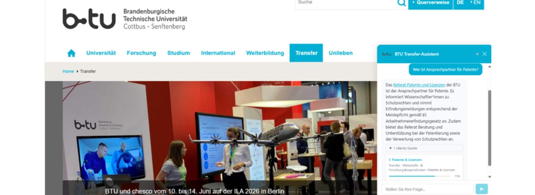 Chatbot auf BTU Seite