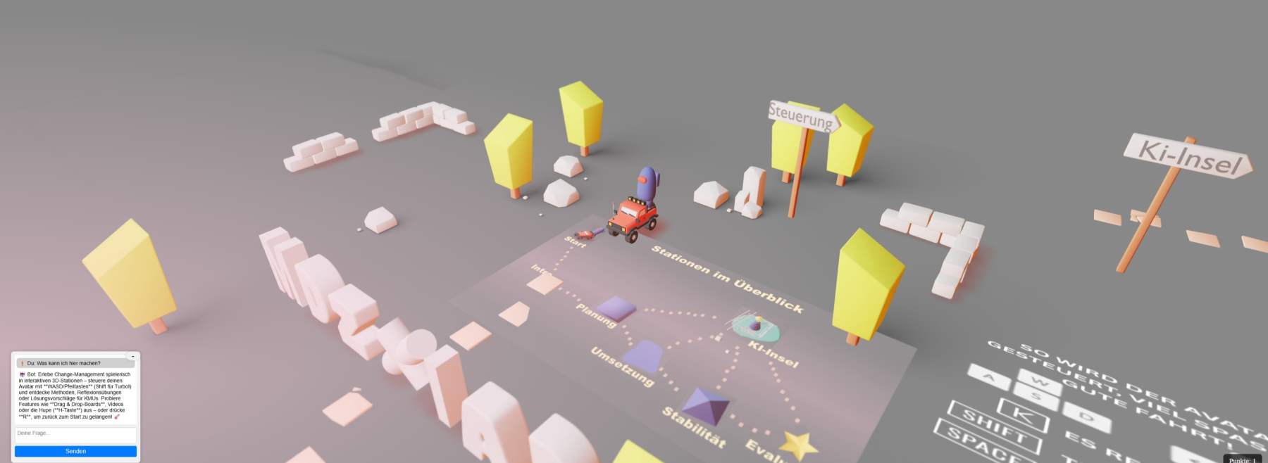 Startbereich der 3D Welt mit Übersichtslandkarte und Informationen zur Steuerung