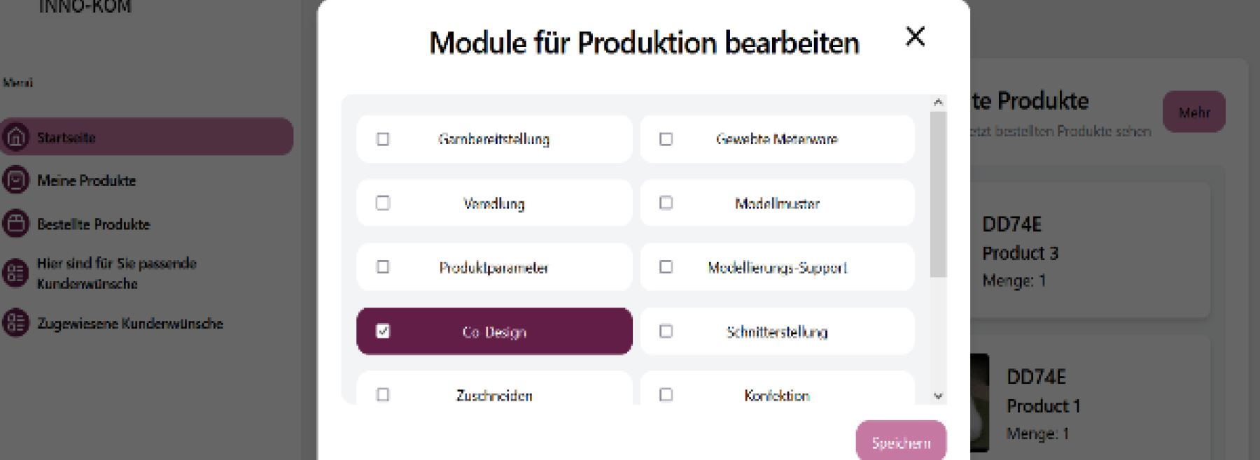 Frontend des Assistenzwerkzeugs aus Unternehmenssicht, Zuweisung Produktionsmodulen und Anwendungsbereiche sowie mit einer dialogbasierten Erfassung der Kunden-Basisdaten.