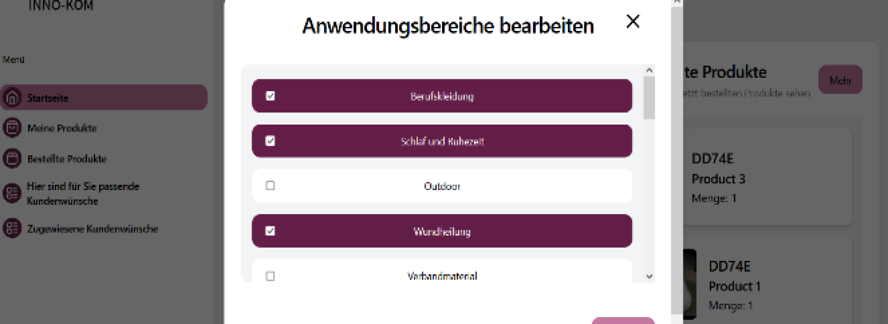 Frontend des Assistenzwerkzeugs aus Unternehmenssicht, Zuweisung Produktionsmodulen und Anwendungsbereiche sowie mit einer dialogbasierten Erfassung der Kunden-Basisdaten.