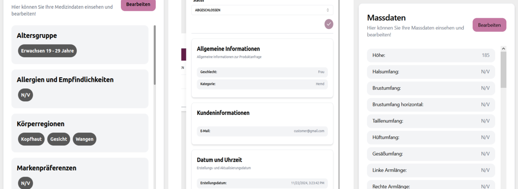 Frontend des Assistenzwerkzeugs aus Unternehmenssicht, Zuweisung Produktionsmodulen und Anwendungsbereiche sowie mit einer dialogbasierten Erfassung der Kunden-Basisdaten.