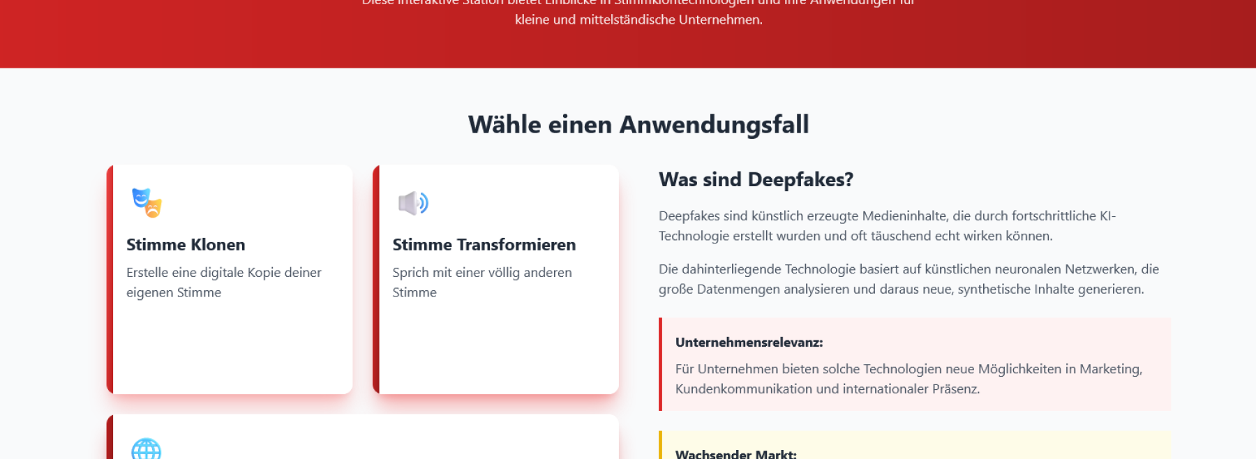 Screenshot des Demonstrators. Zu sehen sind neben der Beschreibung, drei Module "Stimme klonen", "Stimme transformieren" und "Sprache übersetzen"